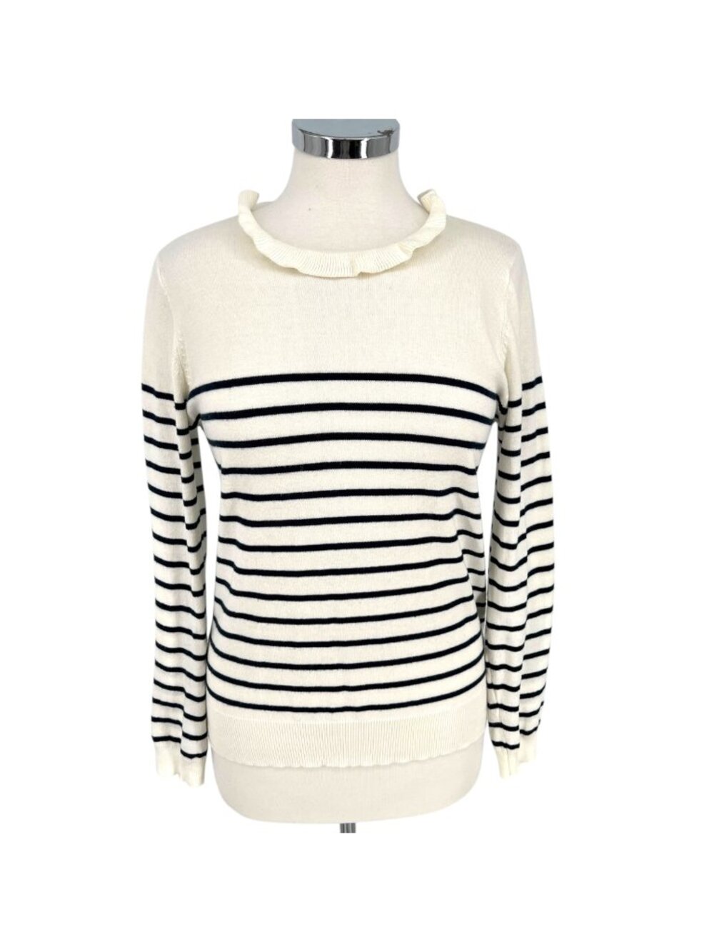 Böhme Striped Ruffled Neck Sweater Ivory White Black Size Medium